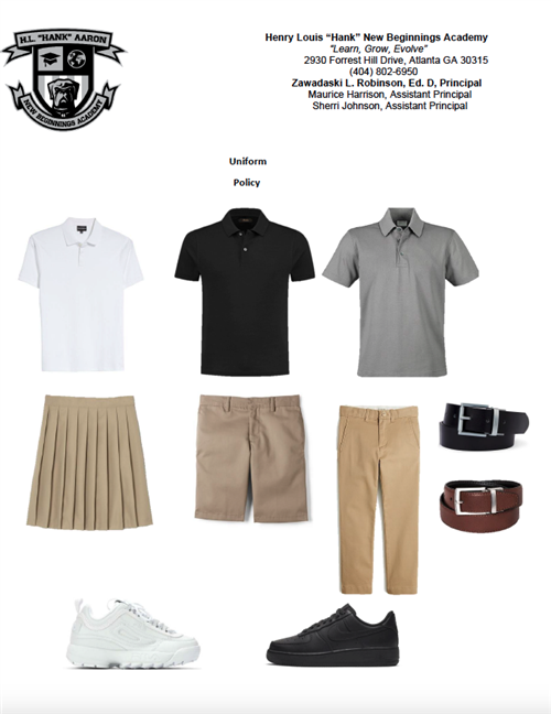 White, Black, Gray Collared Shirts, Khaki Pants, Khaki Skirt, Khaki Shorts, Brown or Black Belt, Black or White Shoes